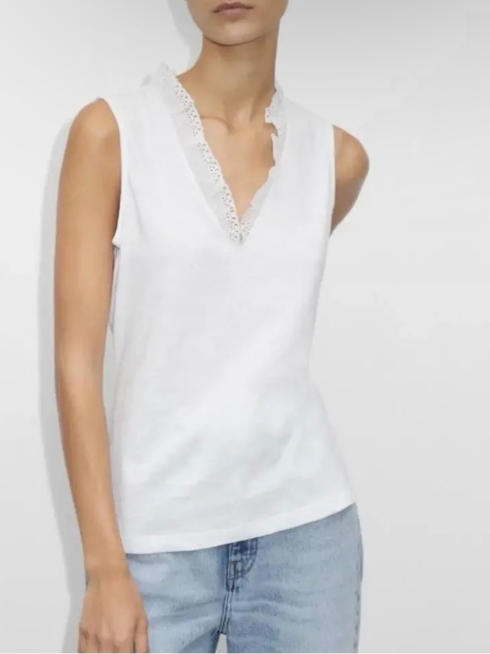 Me + Em White Cotton Sleeveless Top with Lace Detail